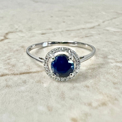 14 Karat Yellow Gold September Birthstone Round Blue Sapphire & Diamond Halo Ring - WeilJewelry