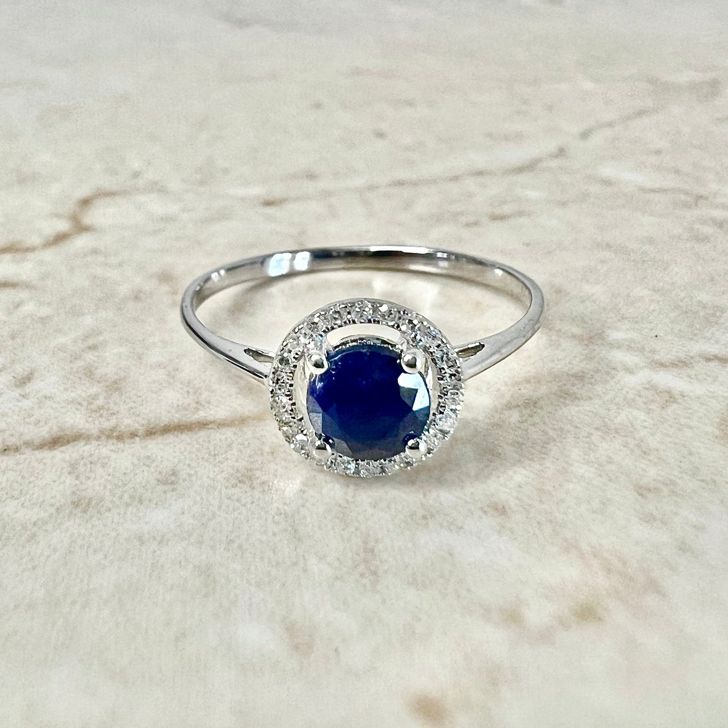 14 Karat Yellow Gold September Birthstone Round Blue Sapphire & Diamond Halo Ring - WeilJewelry