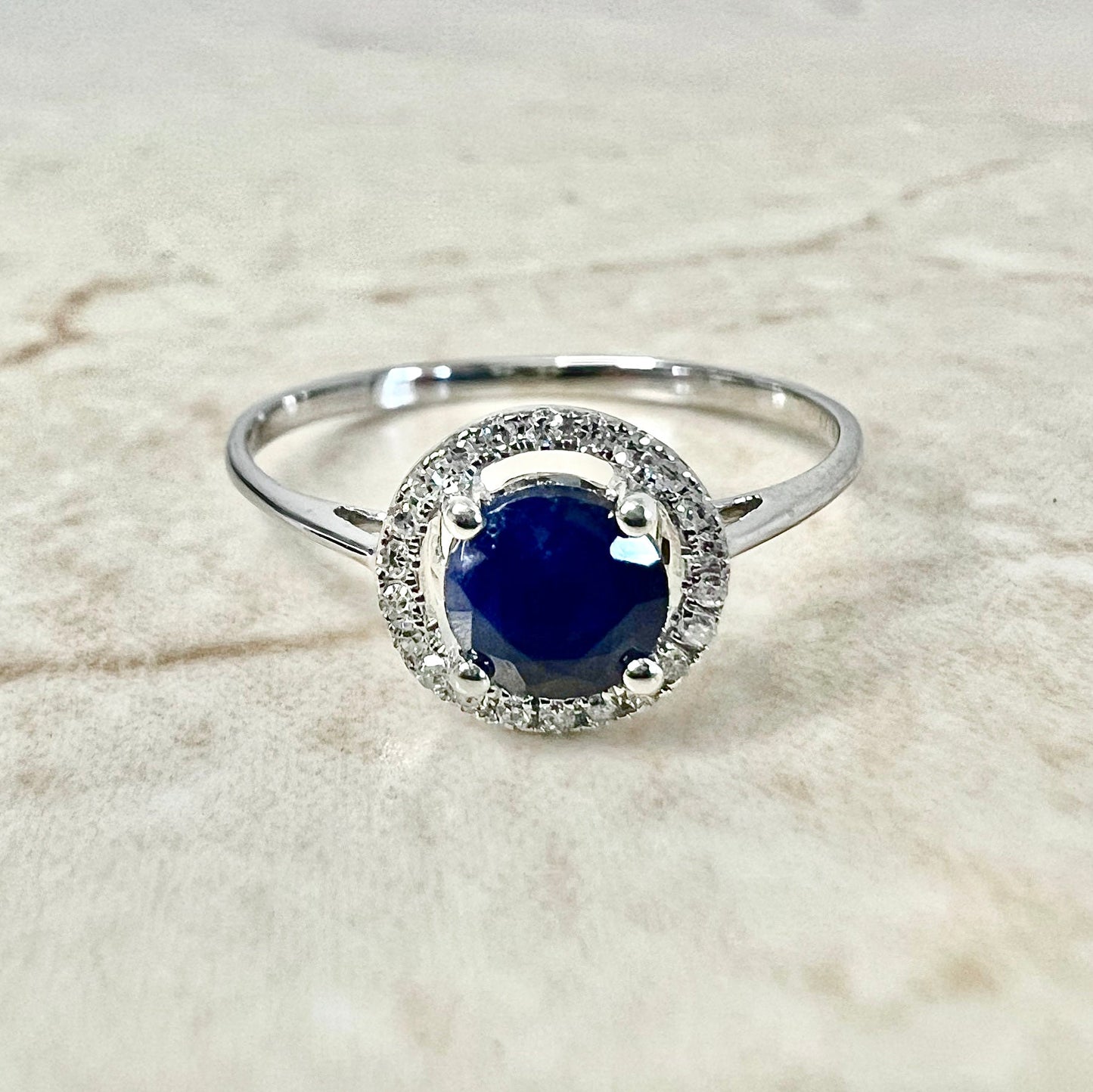 14 Karat Yellow Gold September Birthstone Round Blue Sapphire & Diamond Halo Ring - WeilJewelry