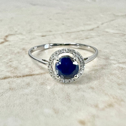 14 Karat Yellow Gold September Birthstone Round Blue Sapphire & Diamond Halo Ring - WeilJewelry