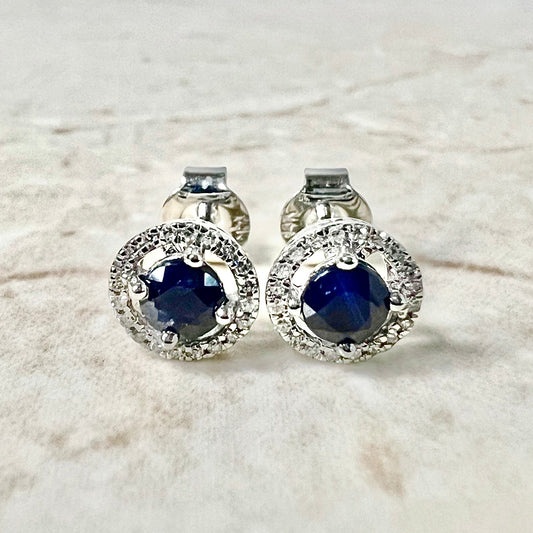 14 Karat Yellow Gold September Birthstone Round Blue Sapphire & Diamond Halo Stud Earrings - WeilJewelry