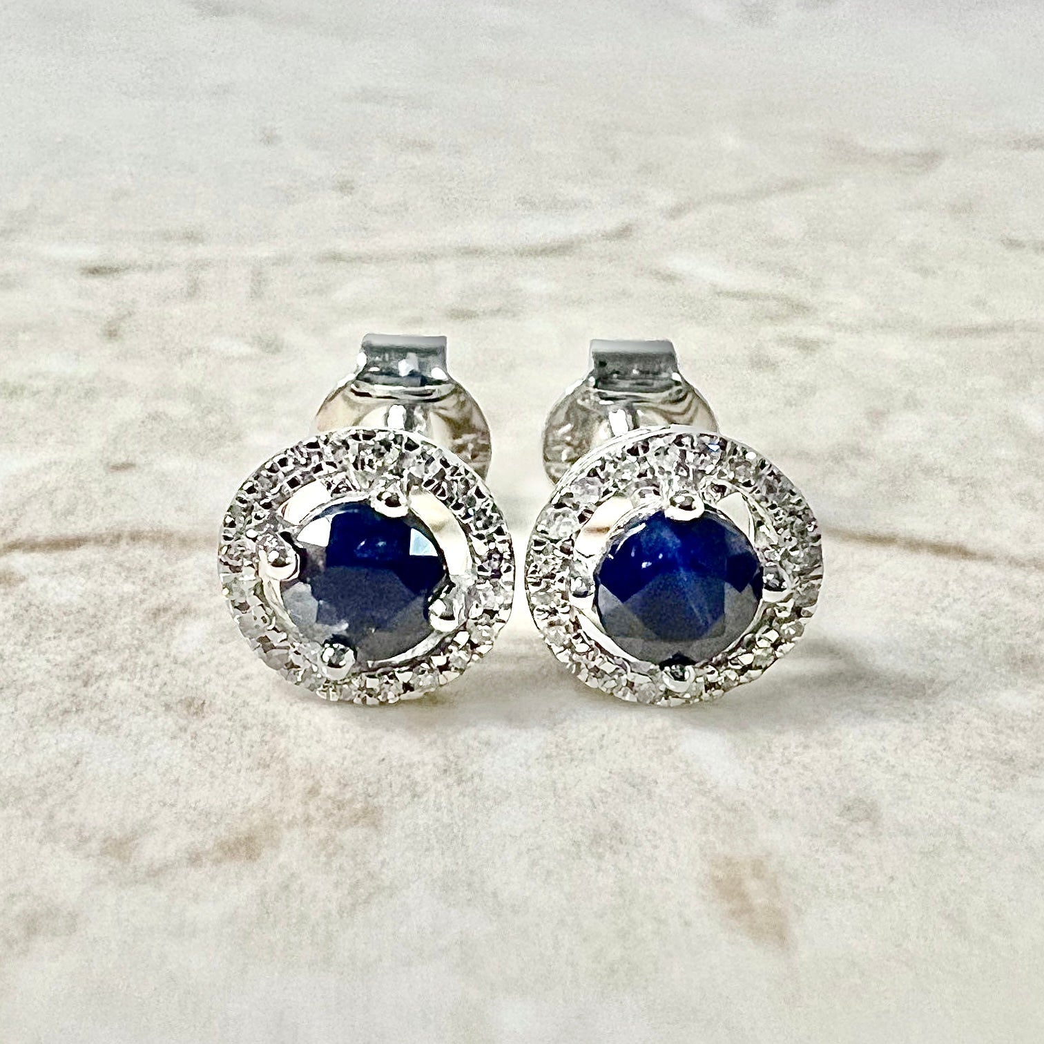 14 Karat Yellow Gold September Birthstone Round Blue Sapphire & Diamond Halo Stud Earrings - WeilJewelry