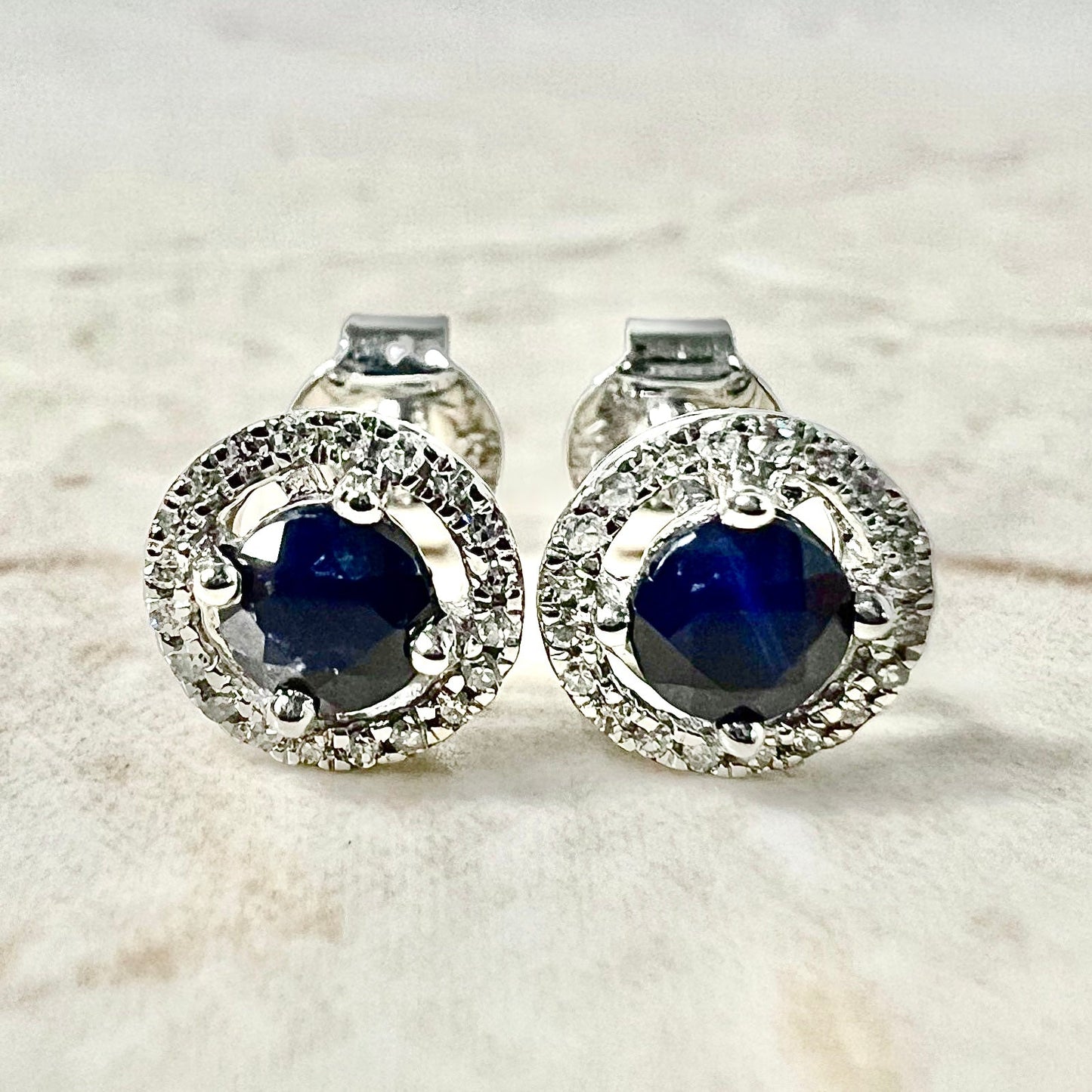 14 Karat Yellow Gold September Birthstone Round Blue Sapphire & Diamond Halo Stud Earrings - WeilJewelry