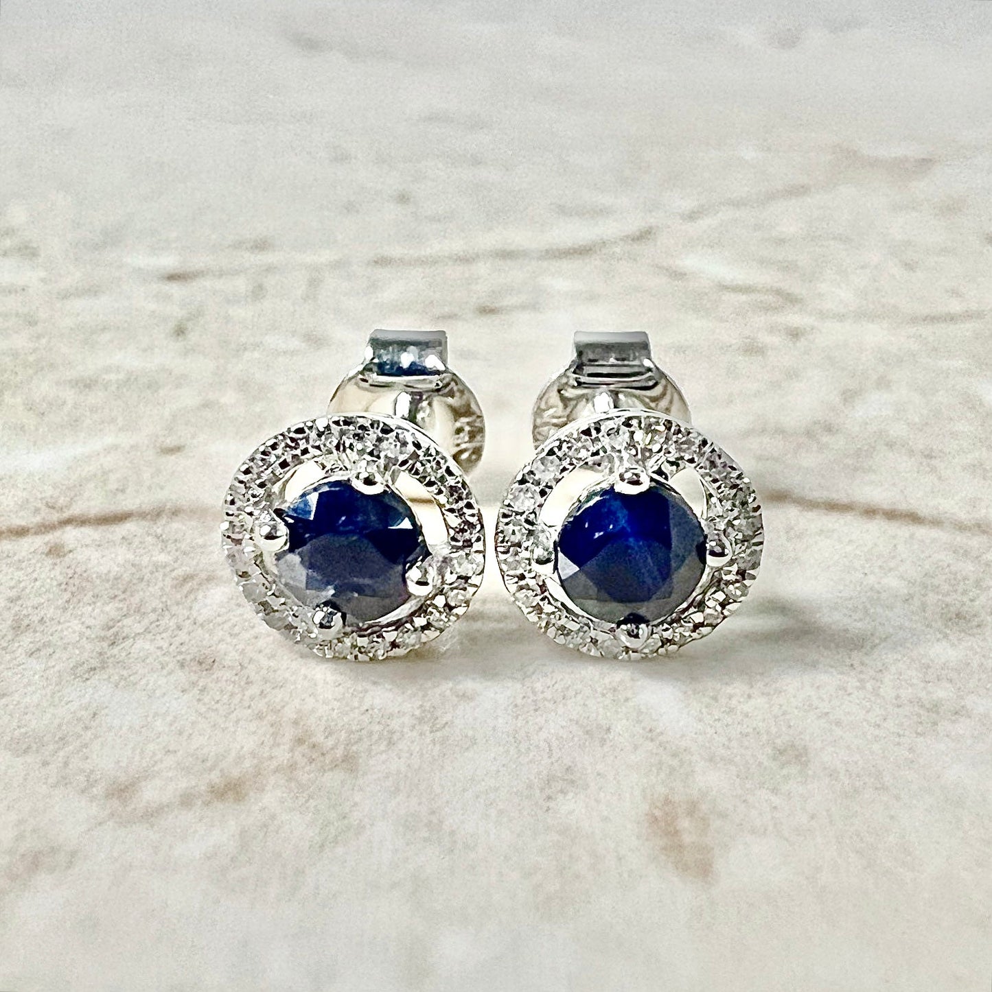 14 Karat Yellow Gold September Birthstone Round Blue Sapphire & Diamond Halo Stud Earrings - WeilJewelry