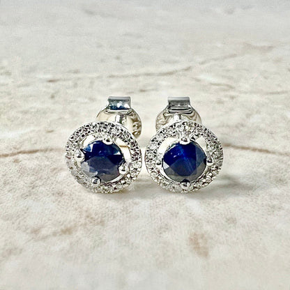 14 Karat Yellow Gold September Birthstone Round Blue Sapphire & Diamond Halo Stud Earrings - WeilJewelry