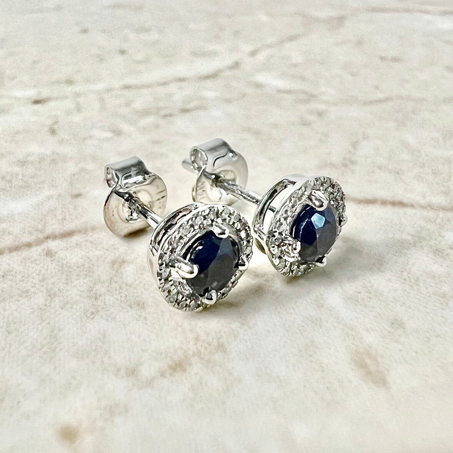 14 Karat Yellow Gold September Birthstone Round Blue Sapphire & Diamond Halo Stud Earrings - WeilJewelry