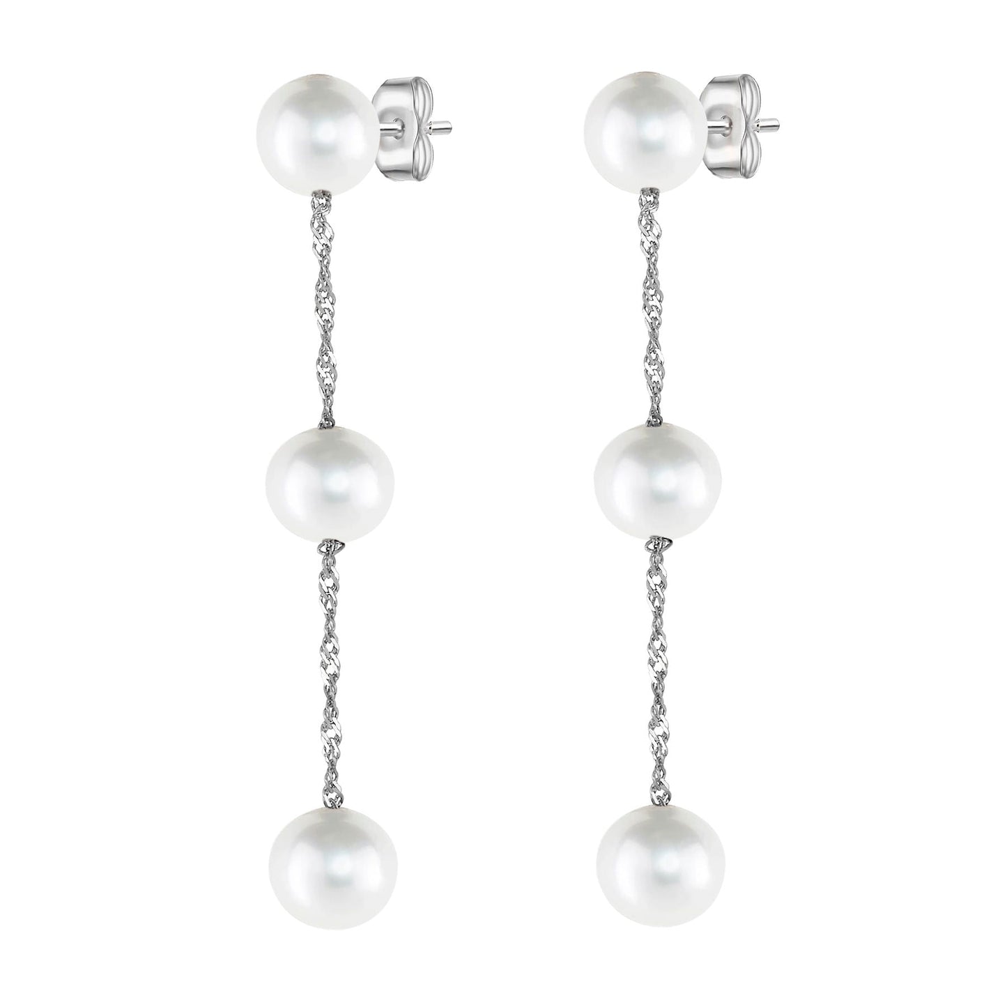 14K Karat White Gold White Pearl Tin - Cup - Pearl Drop Earrings - WeilJewelry