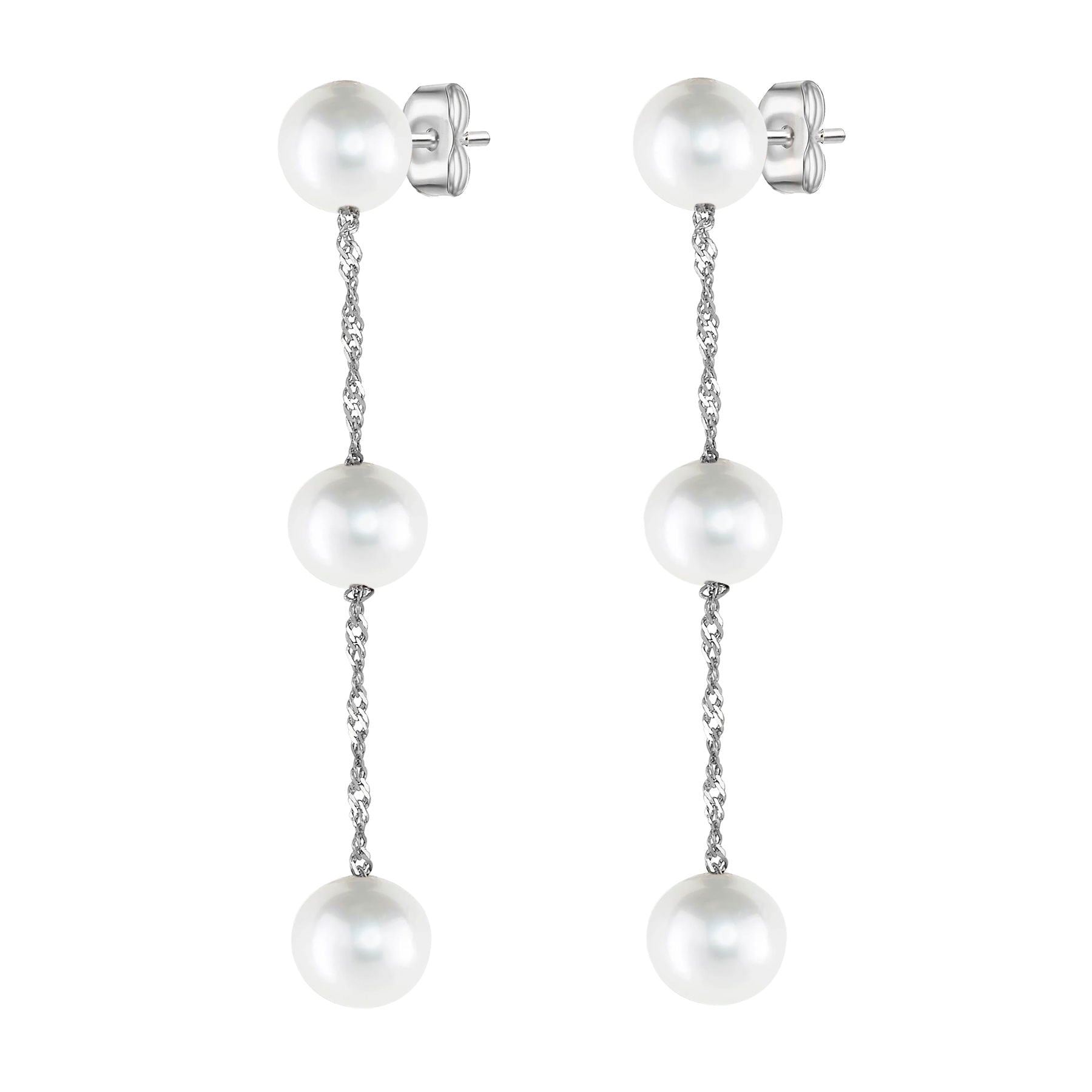 14K Karat White Gold White Pearl Tin - Cup - Pearl Drop Earrings - WeilJewelry