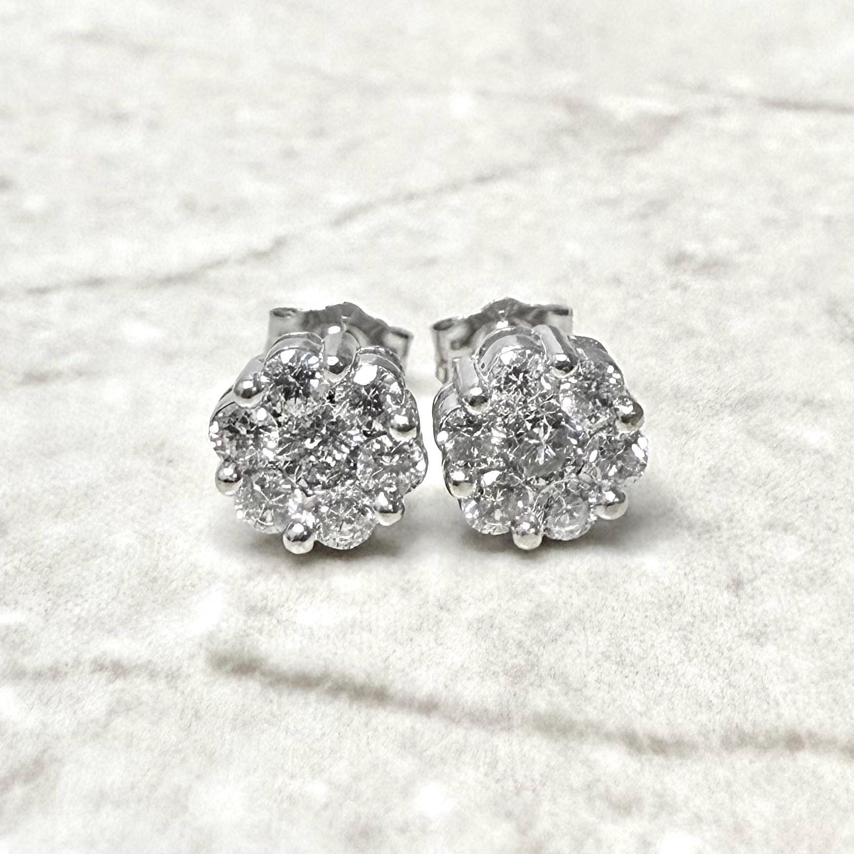 14K White Gold 0.75 CT Natural Diamond Cluster Stud Earrings - WeilJewelry
