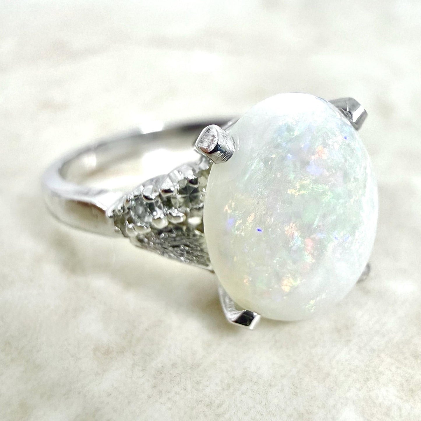 14K White Gold 1.50 Carat Natural Opal & Diamond Cocktail Ring - WeilJewelry