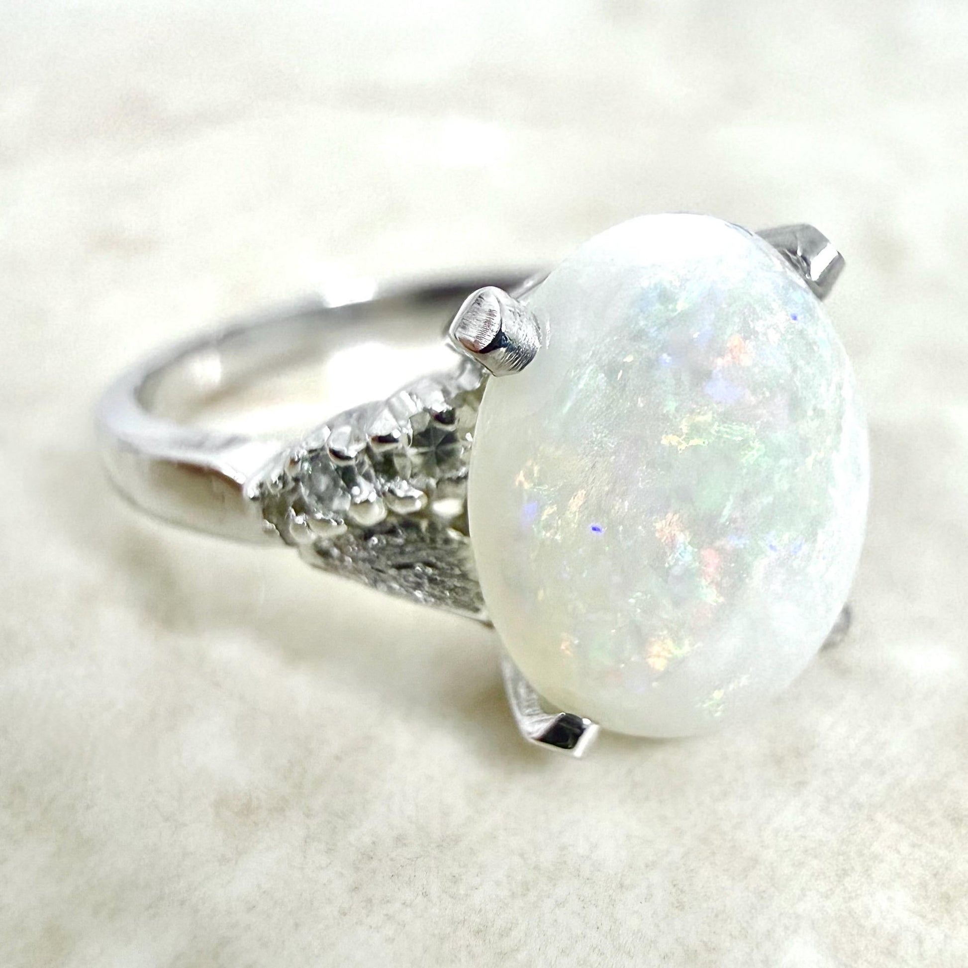 14K White Gold 1.50 Carat Natural Opal & Diamond Cocktail Ring - WeilJewelry