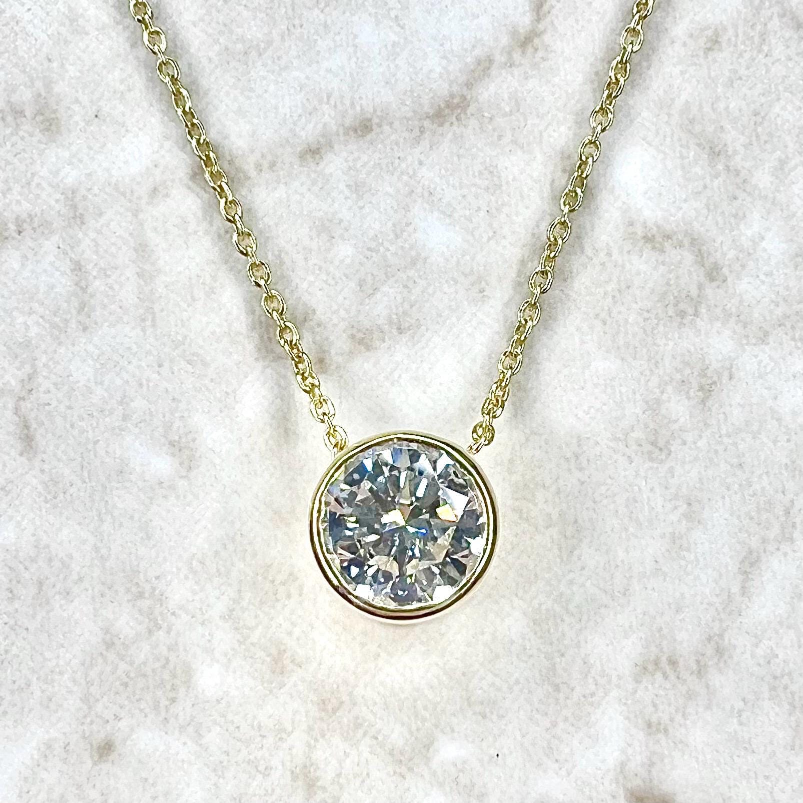 14K Yellow Gold Bezel Set 1 CT Lab Grown Diamond Solitaire Necklace - WeilJewelry