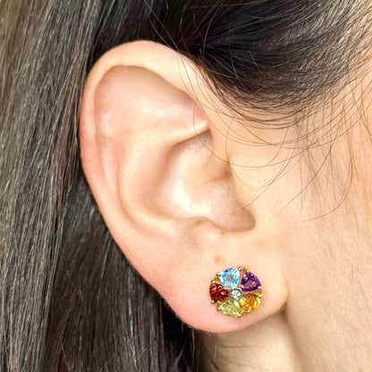 14K Yellow Gold Natural Multi Gemstone Flower Stud Earrings - WeilJewelry