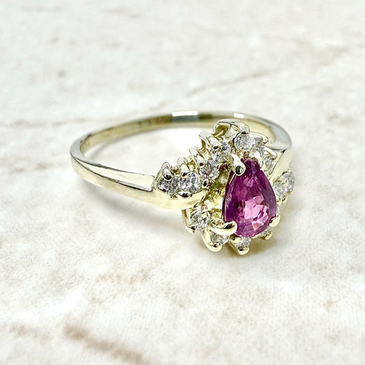 14K Yellow Gold Natural Pear Purplish Pink Sapphire & Diamond Ring - WeilJewelry