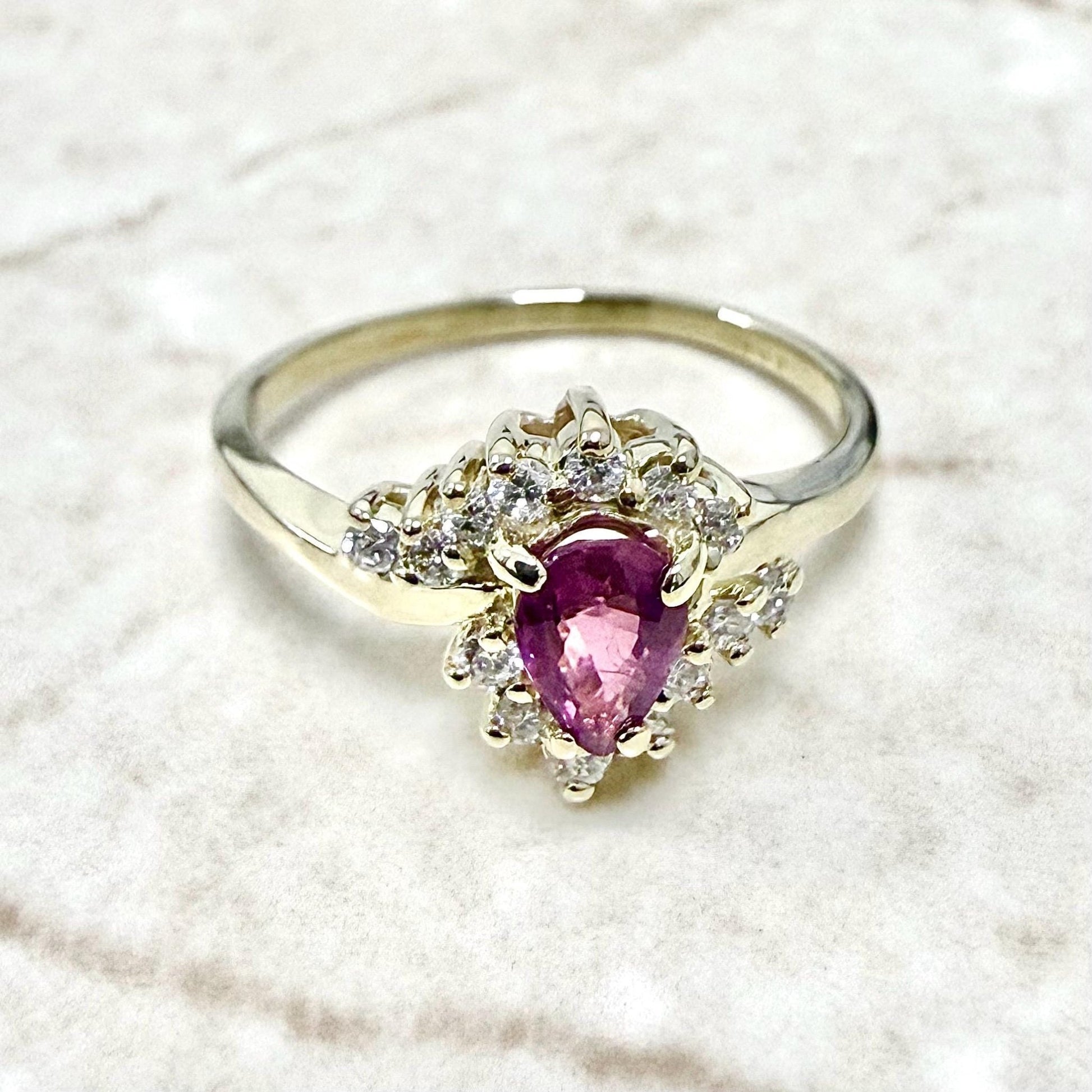 14K Yellow Gold Natural Pear Purplish Pink Sapphire & Diamond Ring - WeilJewelry