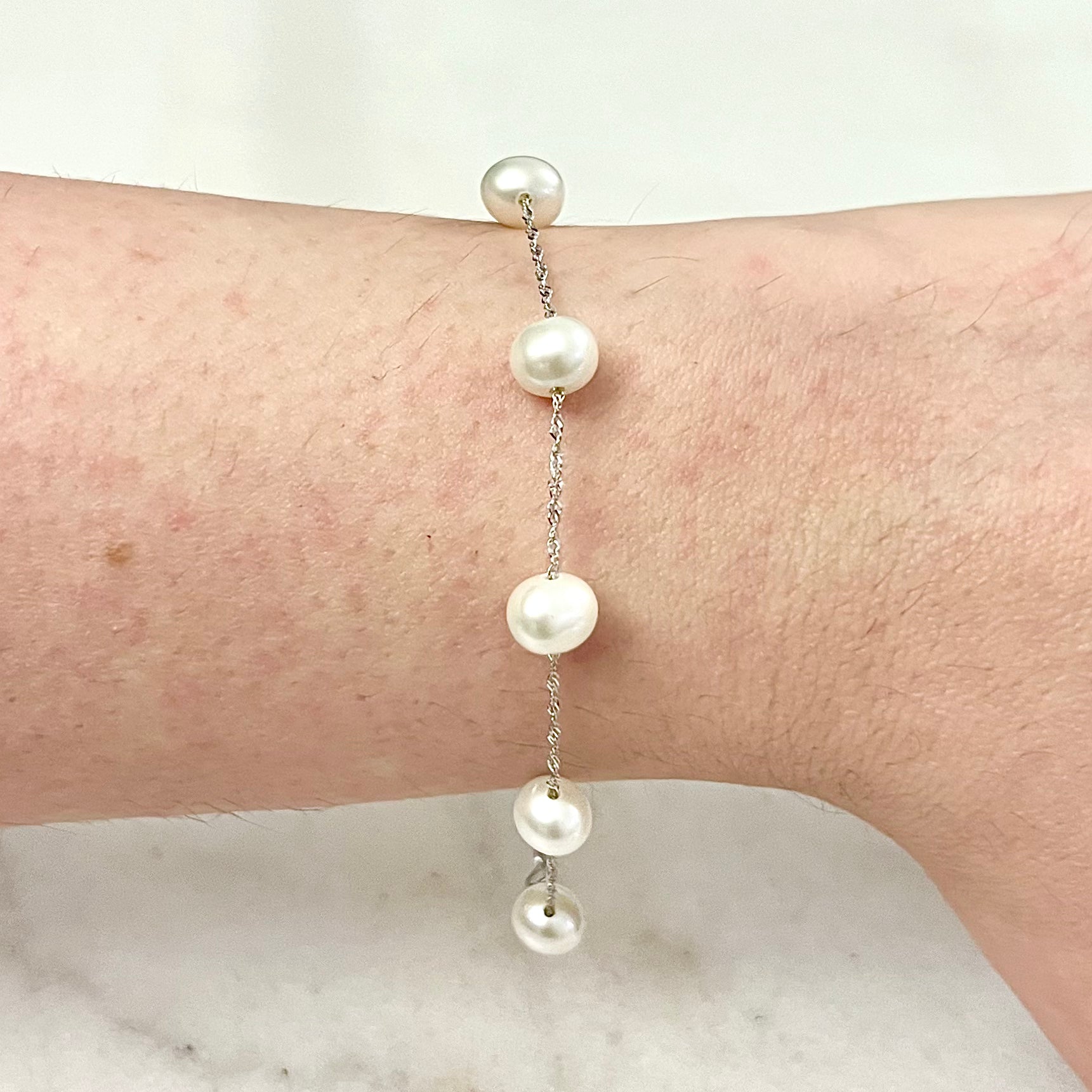 14 Karat White Gold Tin Cup White Pearl Bracelet - WeilJewelry