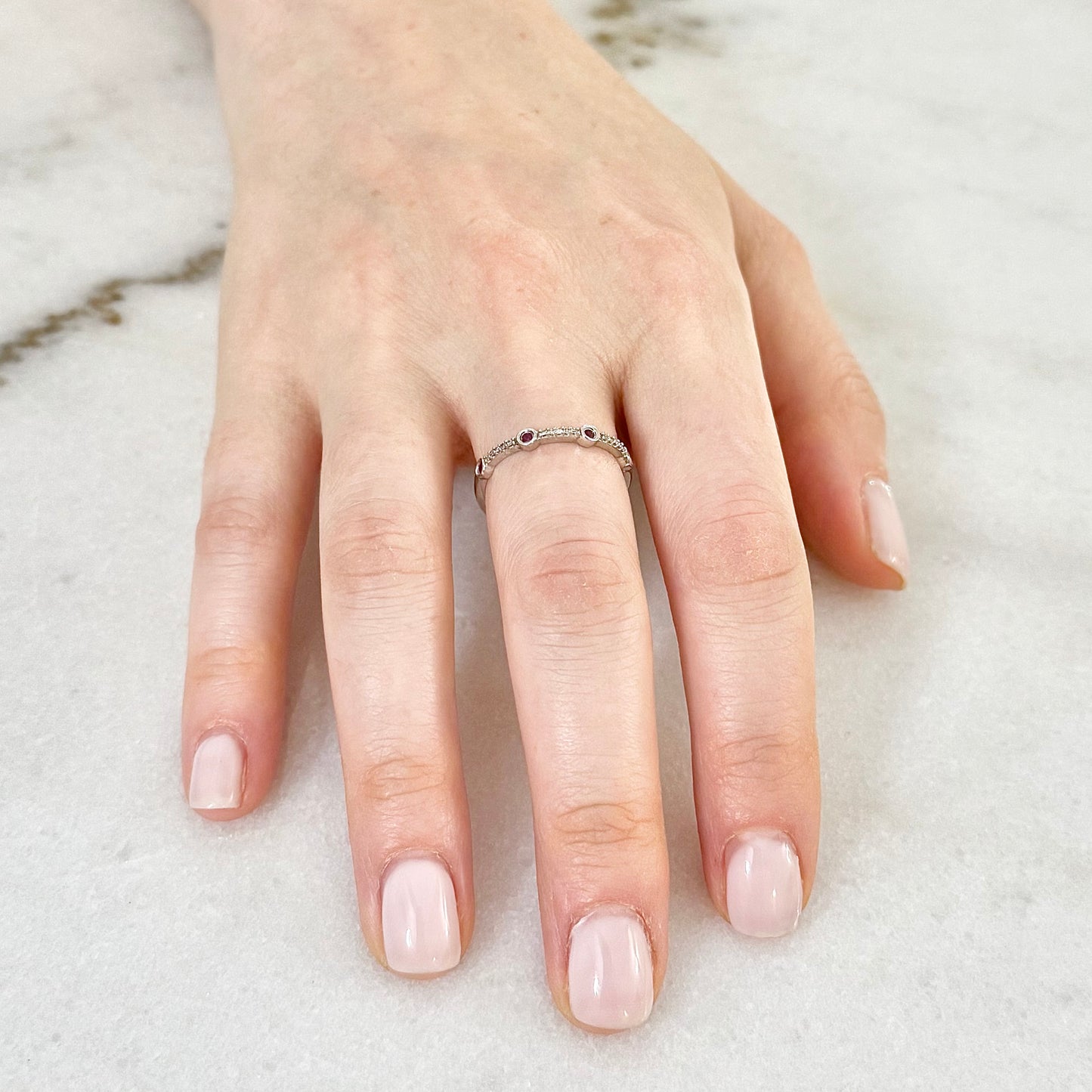 Solid 10K White Gold Natural Diamond & Ruby Band Ring