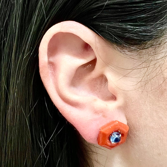 Fine 18 Karat Yellow Gold Untreated Blue Sapphire & Oxblood Coral Stud Earrings By Carvin French - WeilJewelry