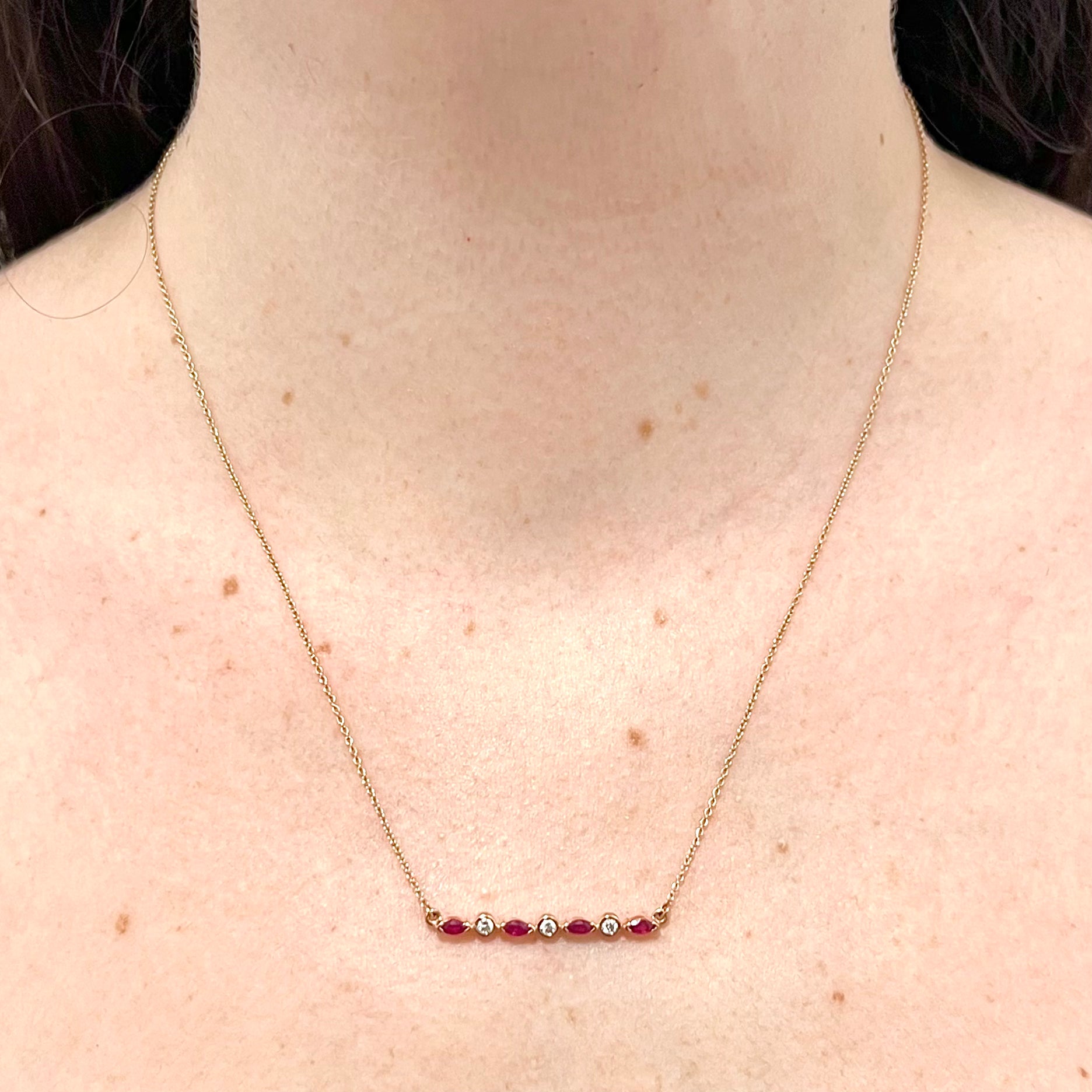 14 Karat Yellow Gold Ruby & Diamond Bar Pendant Necklace - WeilJewelry