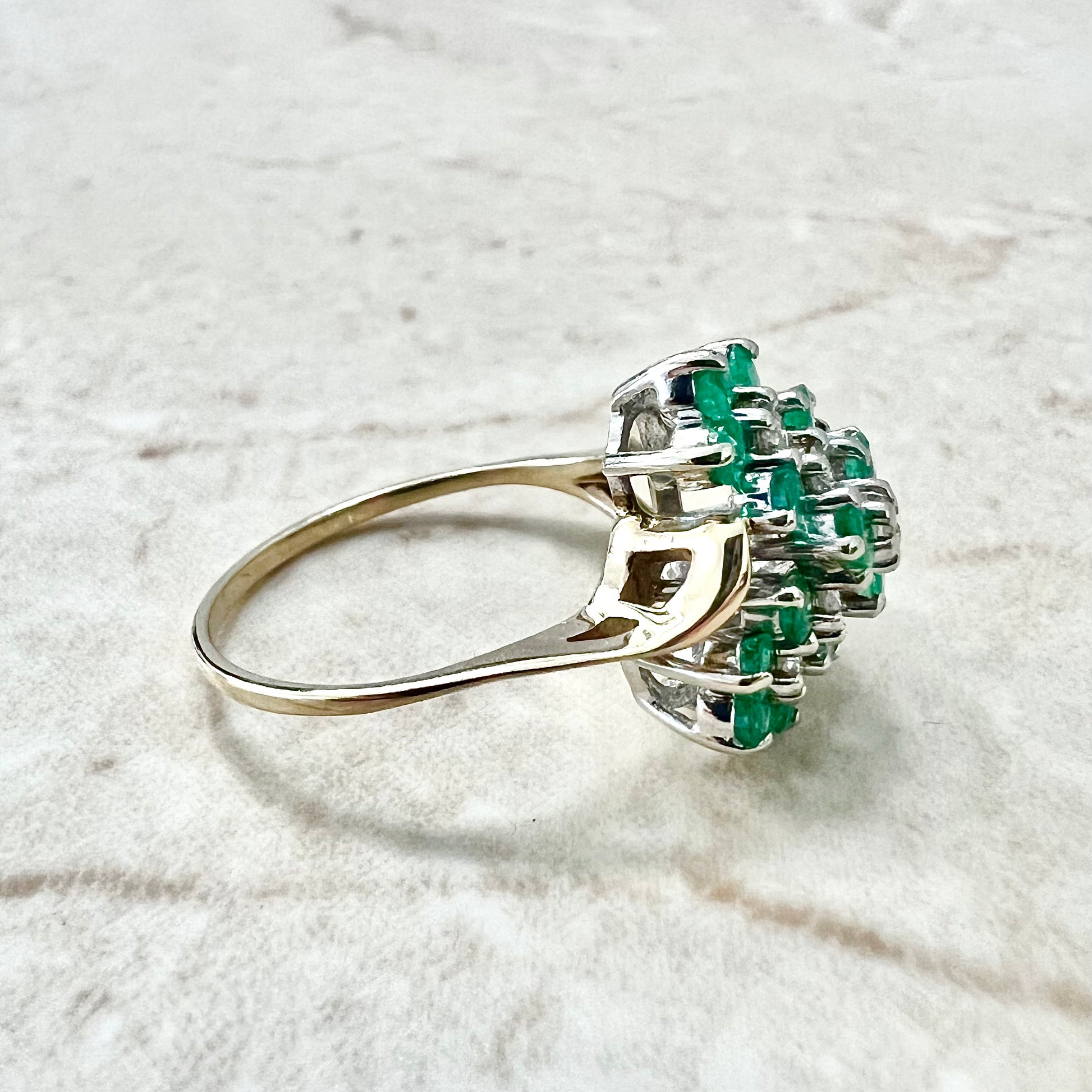 Vintage 14 Karat Yellow Gold Natural Emerald & Diamond Cluster Ring - WeilJewelry