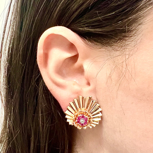 Fine Vintage 1940’s Retro Era Handcrafted 14 Karat Rose Gold Ruby & Diamond Clip - On Earrings - WeilJewelry