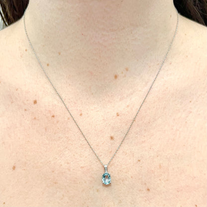 14 Karat White Gold March Birthstone Oval Aquamarine & Diamond Pendant Necklace