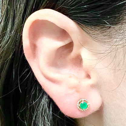 14 Karat Yellow Gold May Birthstone Round Emerald & Diamond Halo Stud Earrings