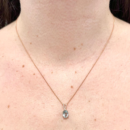 14 Karat Rose Gold Oval Aquamarine & Diamond Pendant Necklace
