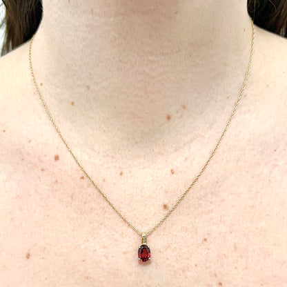 14 Karat Yellow Gold January Birthstone Garnet & Diamond Pendant Necklace
