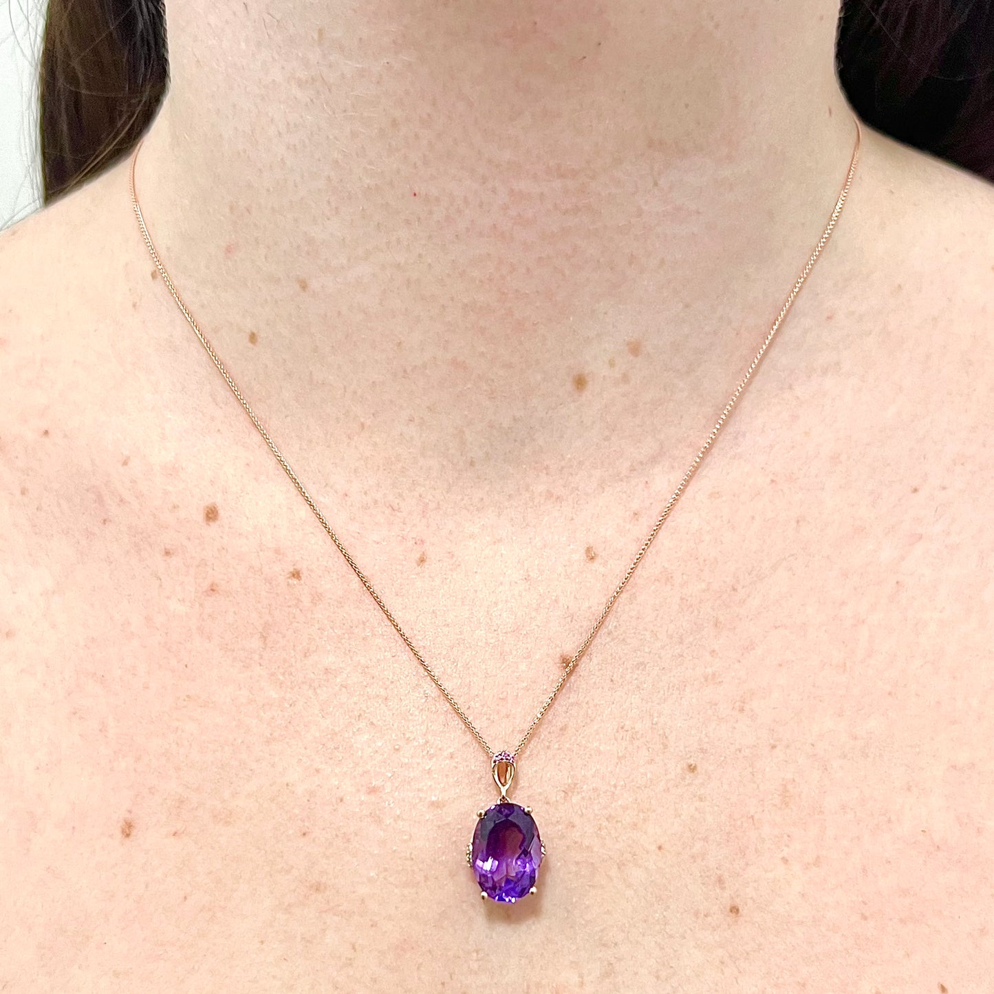 14 Karat Rose Gold Oval Amethyst, Pink Sapphire & Diamond Pendant Necklace