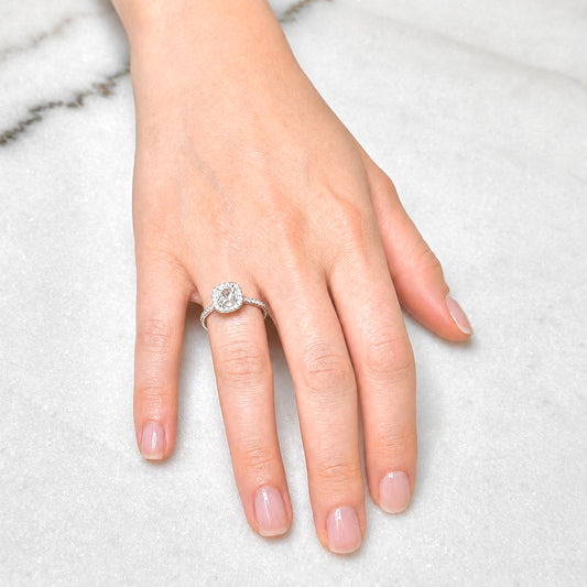 Handcrafted 18K White Gold 1.41 CTTW Antique Cushion Diamond Halo Engagement Ring