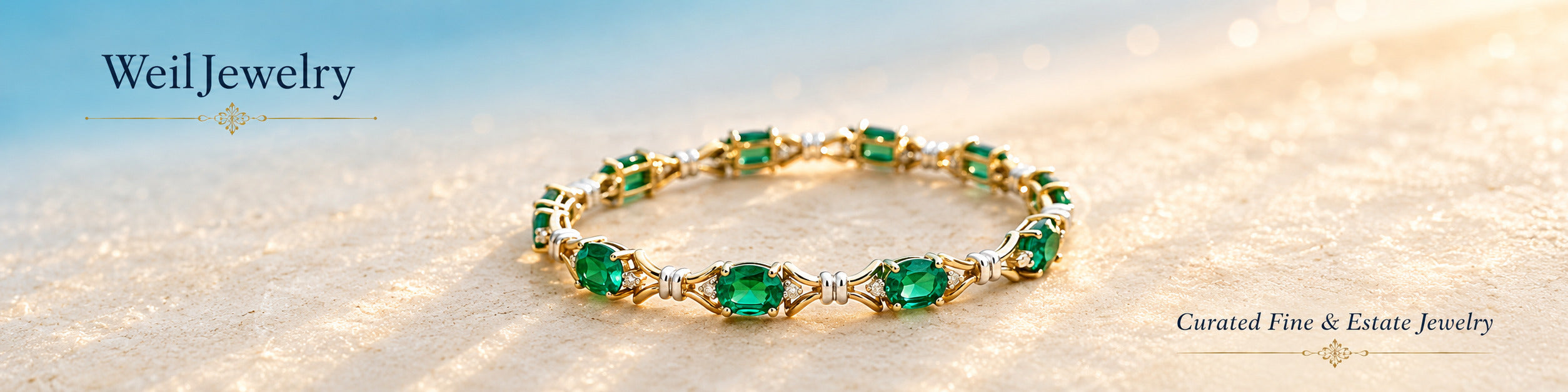 Vintage solid 14K yellow gold bracelet with green gemstones & diamond accent on a sandy background, featuring WeilJewelry branding.