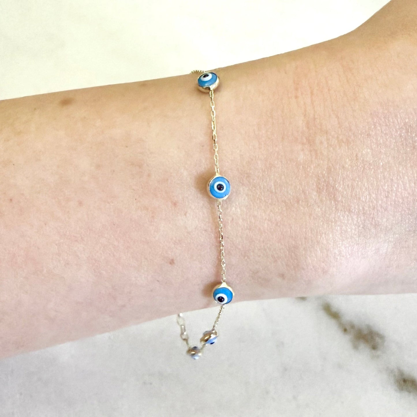 Adjustable Solid 14K Yellow Gold Evil Eye Station Bracelet - WeilJewelry