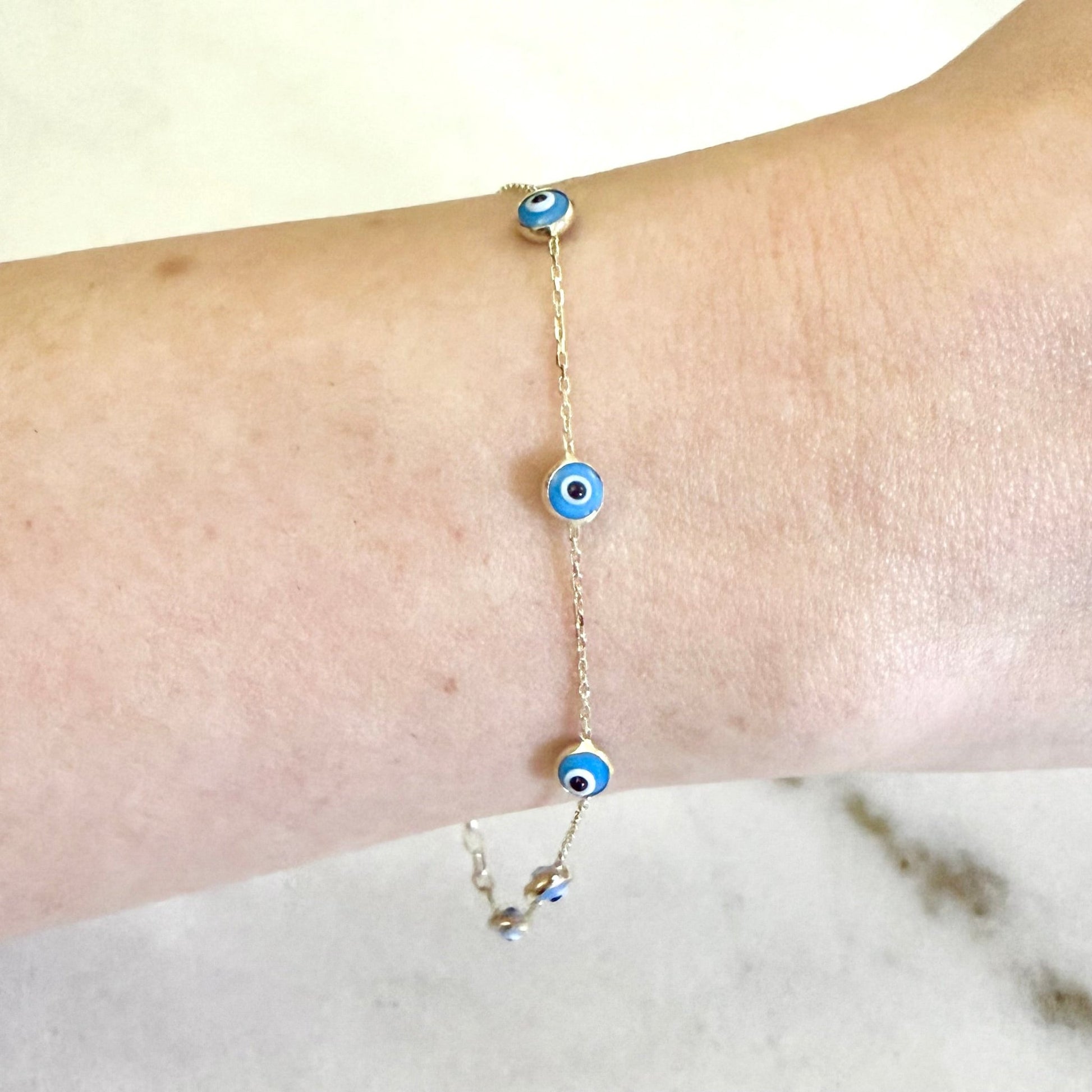 Adjustable Solid 14K Yellow Gold Evil Eye Station Bracelet - WeilJewelry