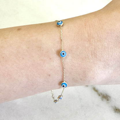 Adjustable Solid 14K Yellow Gold Evil Eye Station Bracelet - WeilJewelry