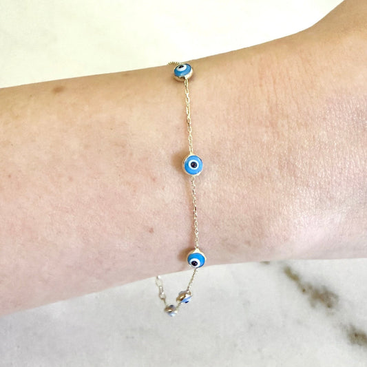 Adjustable Solid 14K Yellow Gold Evil Eye Station Bracelet - WeilJewelry