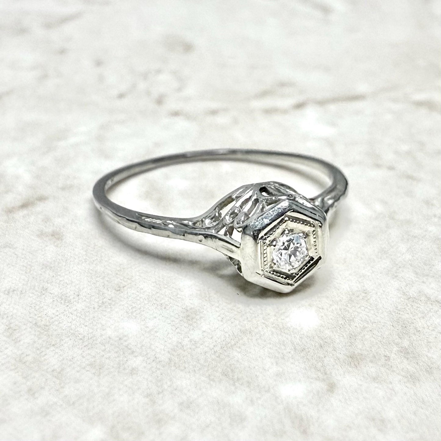 Antique Art Deco 18 Karat White Gold Diamond Solitaire Engagement Ring - WeilJewelry