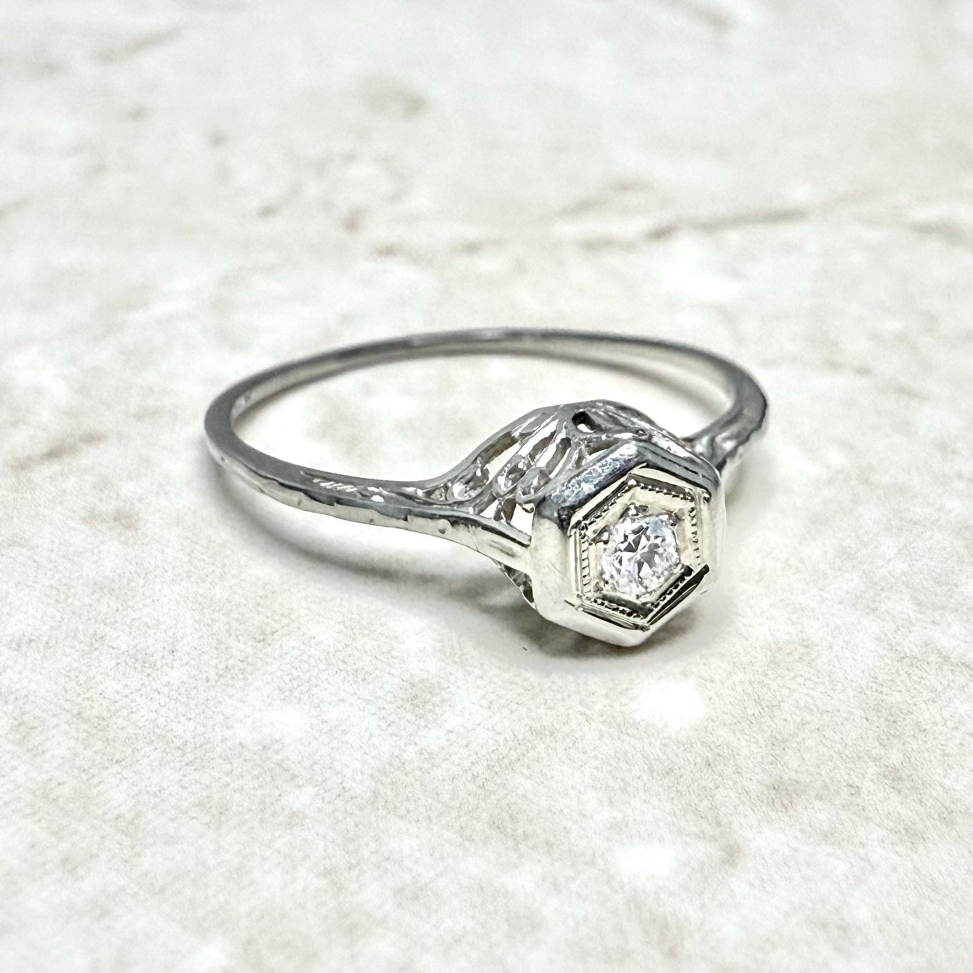Antique Art Deco 18 Karat White Gold Diamond Solitaire Engagement Ring - WeilJewelry