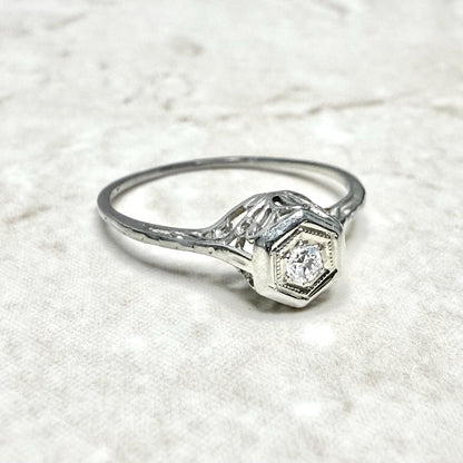 Antique Art Deco 18 Karat White Gold Diamond Solitaire Engagement Ring - WeilJewelry