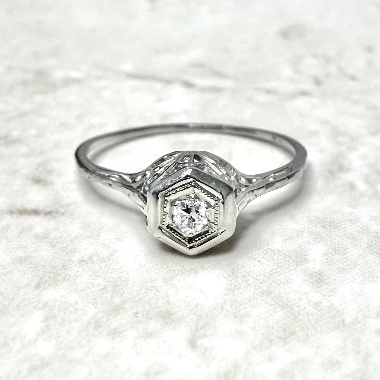 Antique Art Deco 18 Karat White Gold Diamond Solitaire Engagement Ring - WeilJewelry