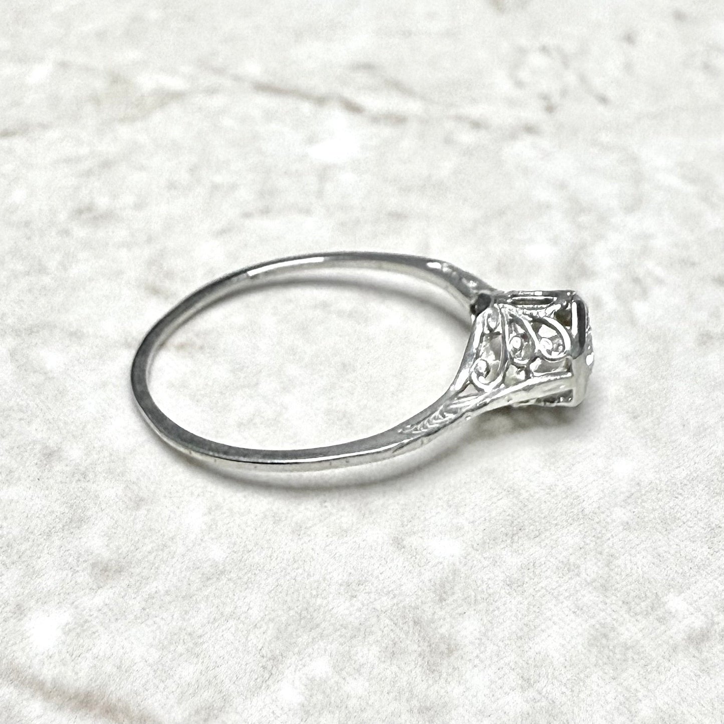 Antique Art Deco 18 Karat White Gold Diamond Solitaire Engagement Ring - WeilJewelry
