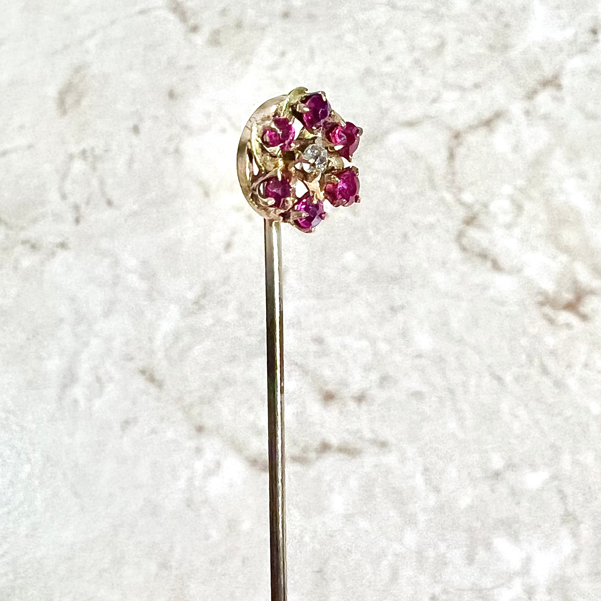 Antique Edwardian 14 Karat Yellow Gold Diamond & Ruby Halo Stick Pin / Lapel Pin - WeilJewelry