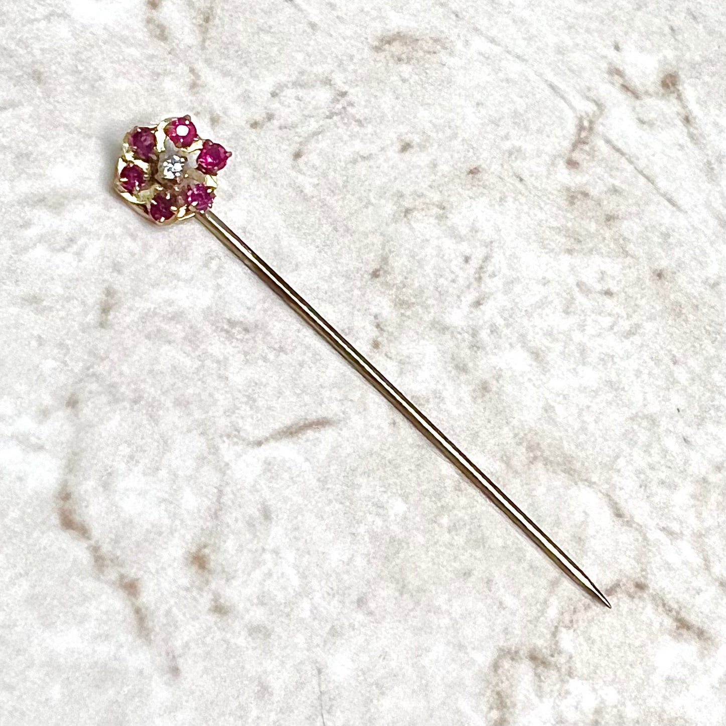 Antique Edwardian 14 Karat Yellow Gold Diamond & Ruby Halo Stick Pin / Lapel Pin - WeilJewelry