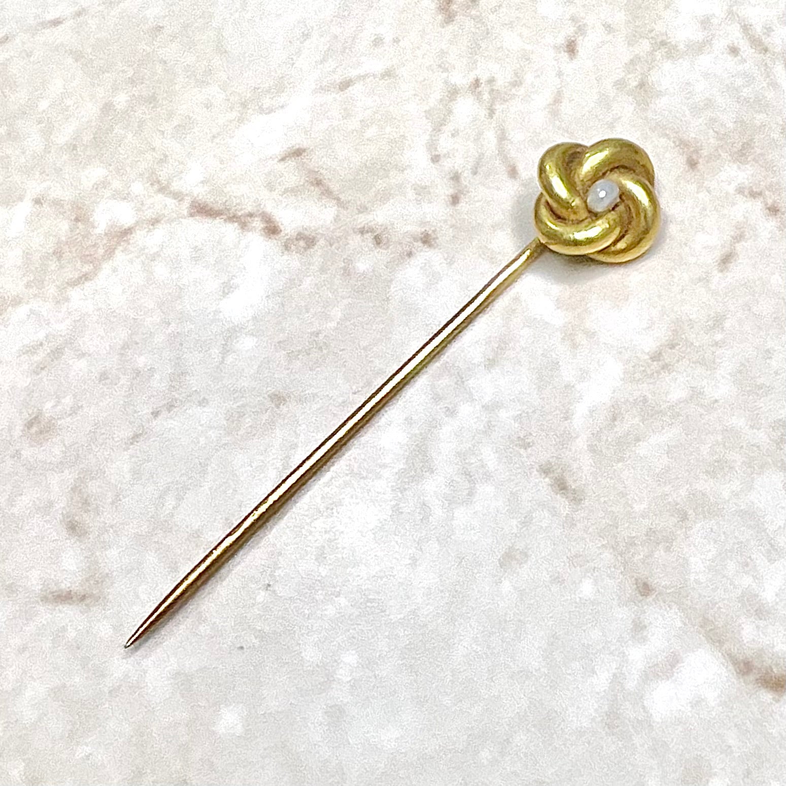 Antique Edwardian 14 Karat Yellow Gold Seed Pearl Stick Pin / Lapel Pin / Hat Pin - WeilJewelry