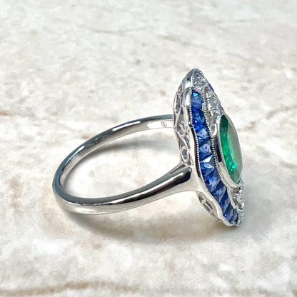 Antique Egyptian Style Handcrafted Platinum Diamond, Sapphire & Emerald Ring - WeilJewelry