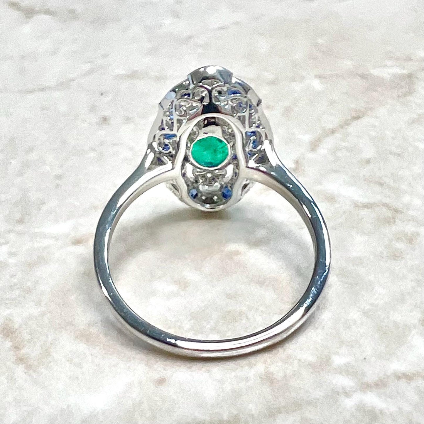 Antique Egyptian Style Handcrafted Platinum Diamond, Sapphire & Emerald Ring - WeilJewelry