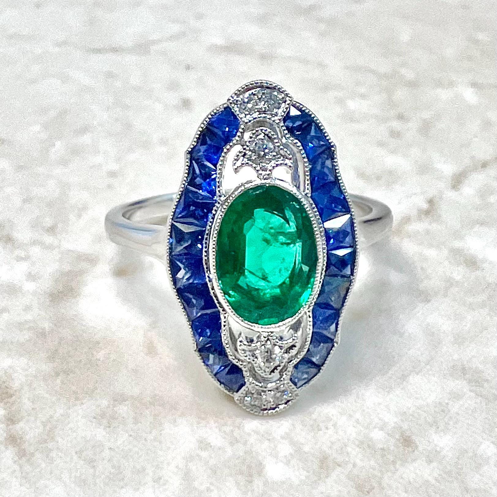 Antique Egyptian Style Handcrafted Platinum Diamond, Sapphire & Emerald Ring - WeilJewelry