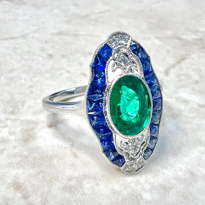 Antique Egyptian Style Handcrafted Platinum Diamond, Sapphire & Emerald Ring - WeilJewelry