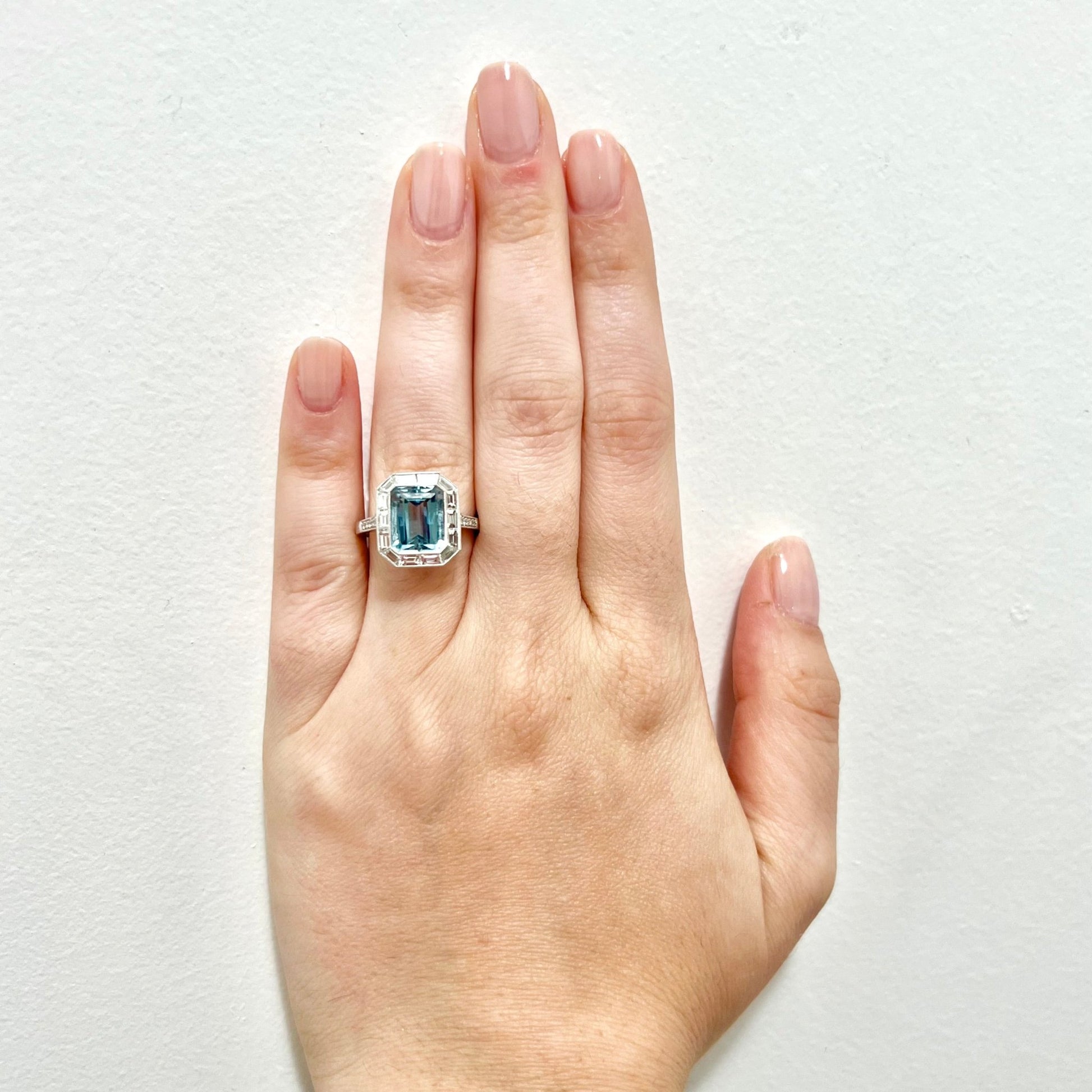 Art Deco Style Handcrafted Platinum Halo Aquamarine Engagement Ring - WeilJewelry