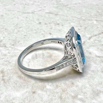 Art Deco Style Handcrafted Platinum Halo Aquamarine Engagement Ring - WeilJewelry